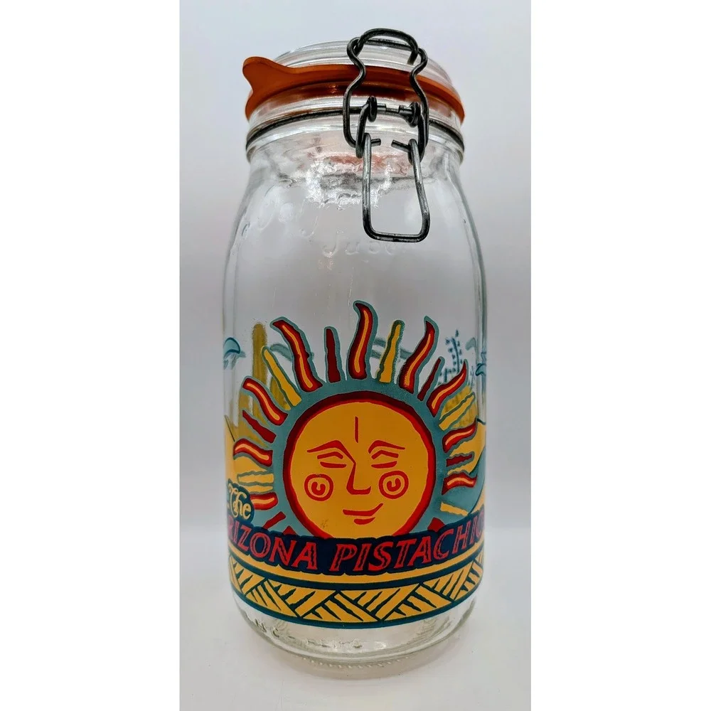 Vintage Arizona Pistachio Co Glass Jar Made in France Southwestern Sun Cactus
